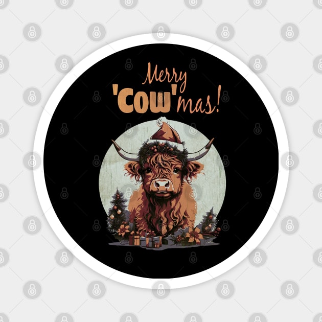 Highland Cow Christmas Merry and Bright, Scottish, Cow Xmas Farmer, Christmas sweater with cute Highland Cow Magnet by Collagedream